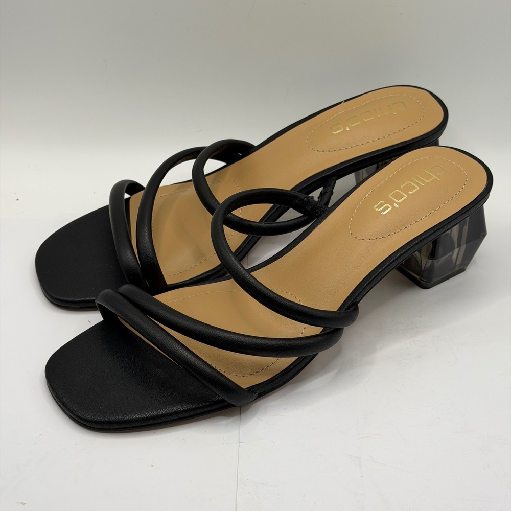 Chicos Marina Round Lucite Sandals Black Leather Triple Strap Block Heel 8.5 - Picture 2 of 10